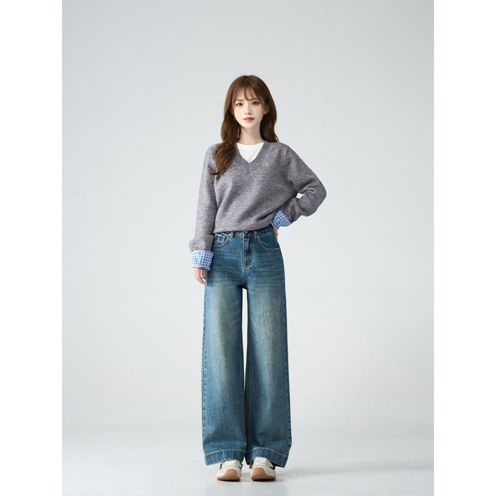 王家有鱼小个子复古蓝阔腿裤女2025年秋季新款百搭宽松显瘦牛仔裤,女装/女士精品,牛仔裤,淘宝优惠券,粉丝福利购,淘宝优惠卷