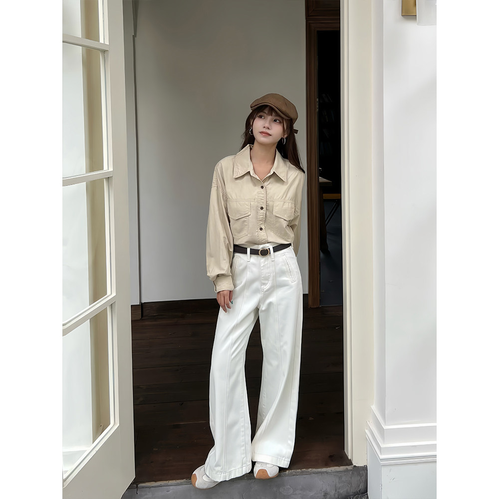 王家有鱼小个子杏色阔腿裤女2025年秋季新款百搭休闲通勤牛仔裤