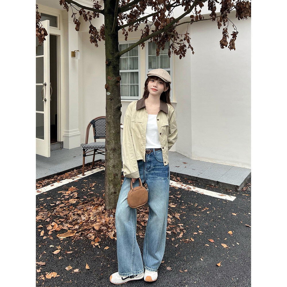 王家有鱼【小个子定制】复古蓝阔腿牛仔裤女2025秋季新款百搭裤子