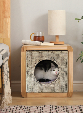 实木现代简约半封闭一体猫窝凳子人猫两用厅换鞋凳卧室床头柜矮凳