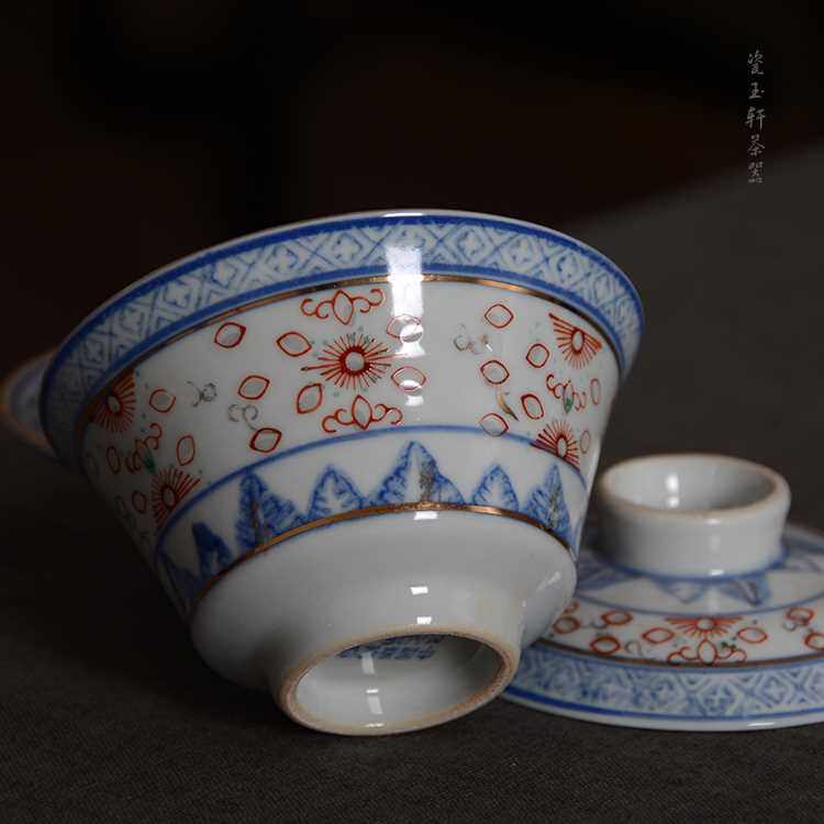 景德镇陶瓷茶具老厂货80年代青花玲珑斗彩三才盖碗单个敬茶碗大号