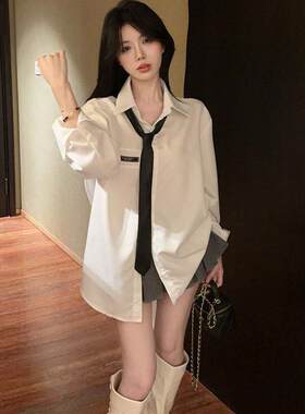 春季翻领中长白衬衫女式长袖休闲宽松Jk领带纯色风格衬衫
