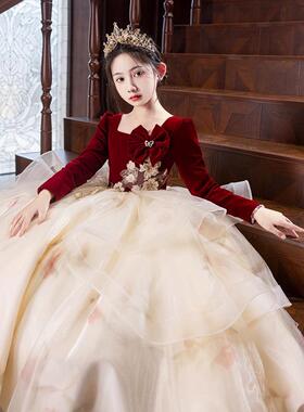 女童礼服儿童生日公主裙花童婚礼小女孩红色长袖主持人钢琴演奏服