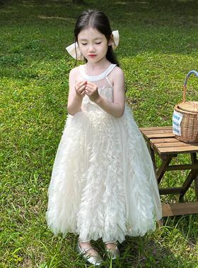 儿童礼服裙白色优雅甜美生日儿童轻奢小众高端走秀花童吊带公主裙