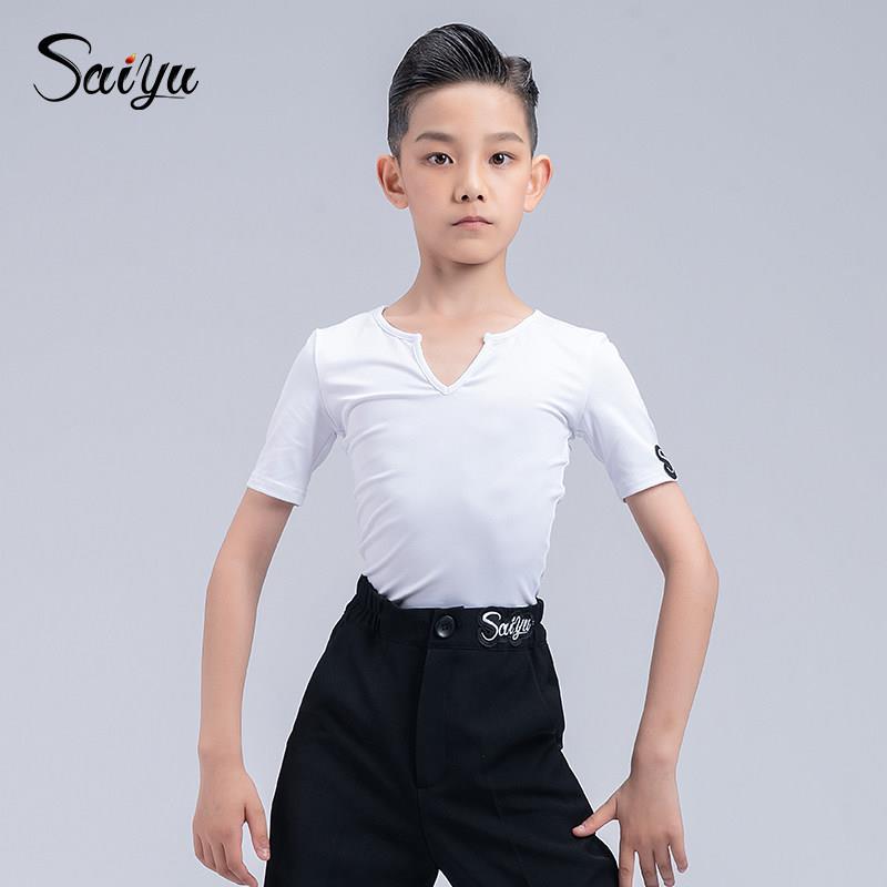 赛域拉丁舞蹈训练功服男童夏季新款幼儿童舒适小V领短袖男t恤5504