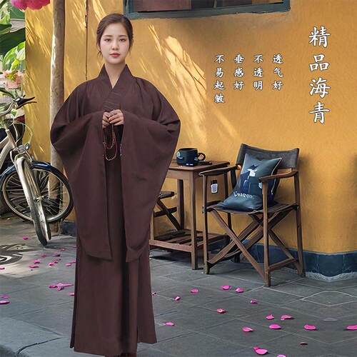 高档海青居士服女款春夏季不透明海清僧衣僧服长衫大褂和尚咖啡色