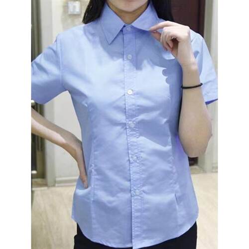 纯蓝色衬衫女式短袖工作服商务装蓝色长袖衬衫V领统一腰韩式春夏