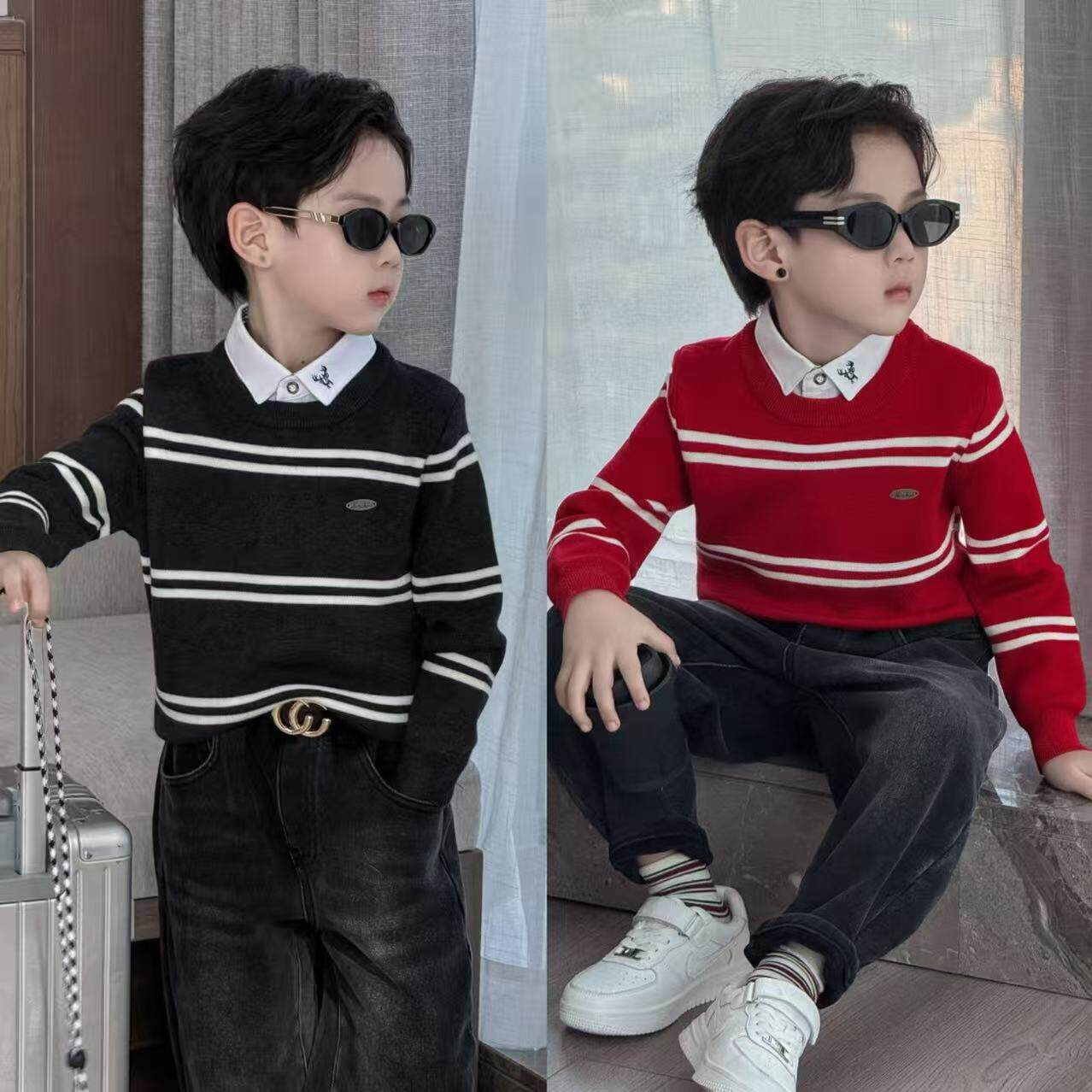 童装2025韩版新款条纹毛衣男童假两件针织衫圣诞新年秋冬上衣潮