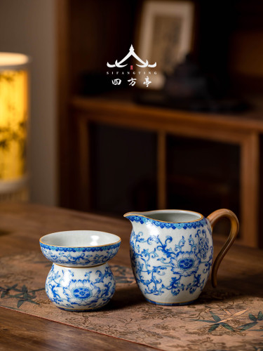 汝窑青花缠枝莲公道杯茶漏茶滤家用倒茶公杯匀茶器分茶器茶具配件