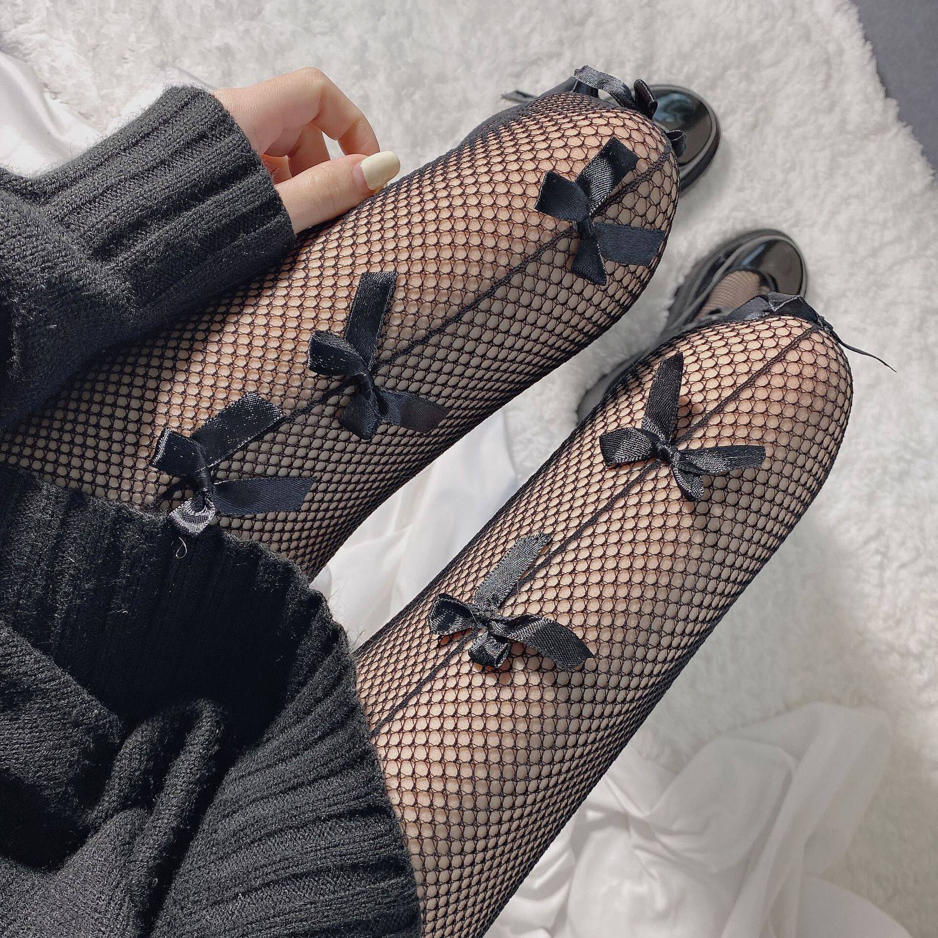 丝袜女性感蝴蝶结ins潮黑色渔网袜春季款袜子百搭薄款打底连裤袜