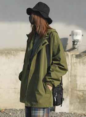 军绿色机工能风秋款拉链薄外套女盐系宽春夹松装克户KEI外露营风