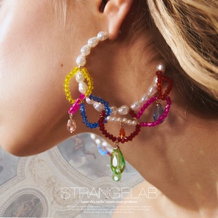 公主逃跑计划 手工串珠法式复古梦幻水晶晶耳环 夸张吊坠耳饰耳钉