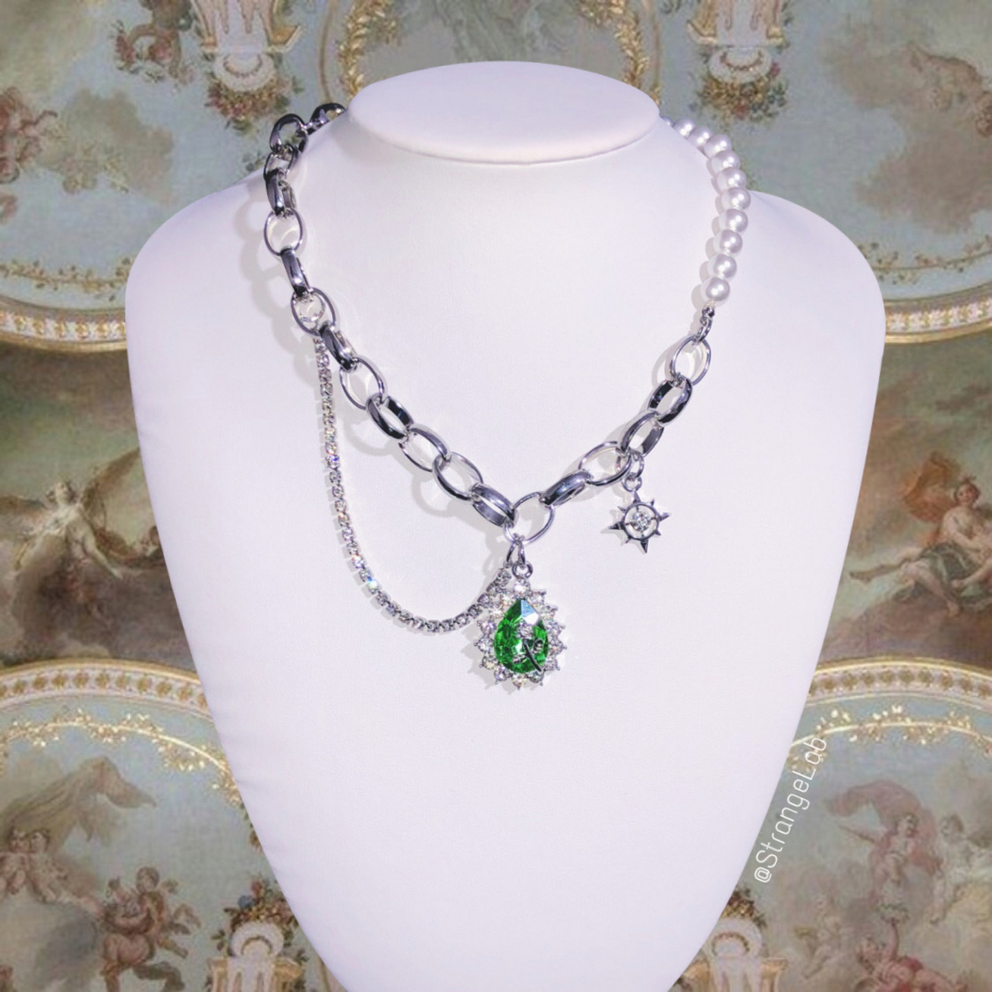 帝国女孩 绿色宝石项链亚文化暗黑古典哥特水钻拼接珍珠锁骨颈链