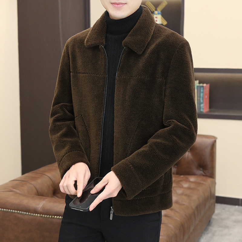 冬季纯色羊剪绒外套男羊羔毛纯羊毛大衣潮流翻领加厚休闲保暖夹克