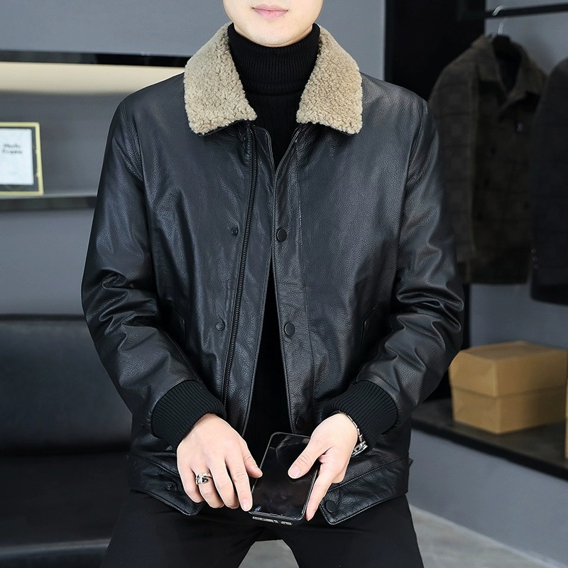 2025冬季新款真皮羽绒服男休闲保暖鹅绒内胆夹克毛领牛皮皮衣外套