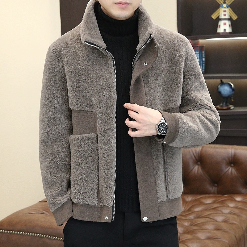 高档修身短款保暖纯羊毛双面呢大衣男冬季休闲立领羊剪绒夹克外套