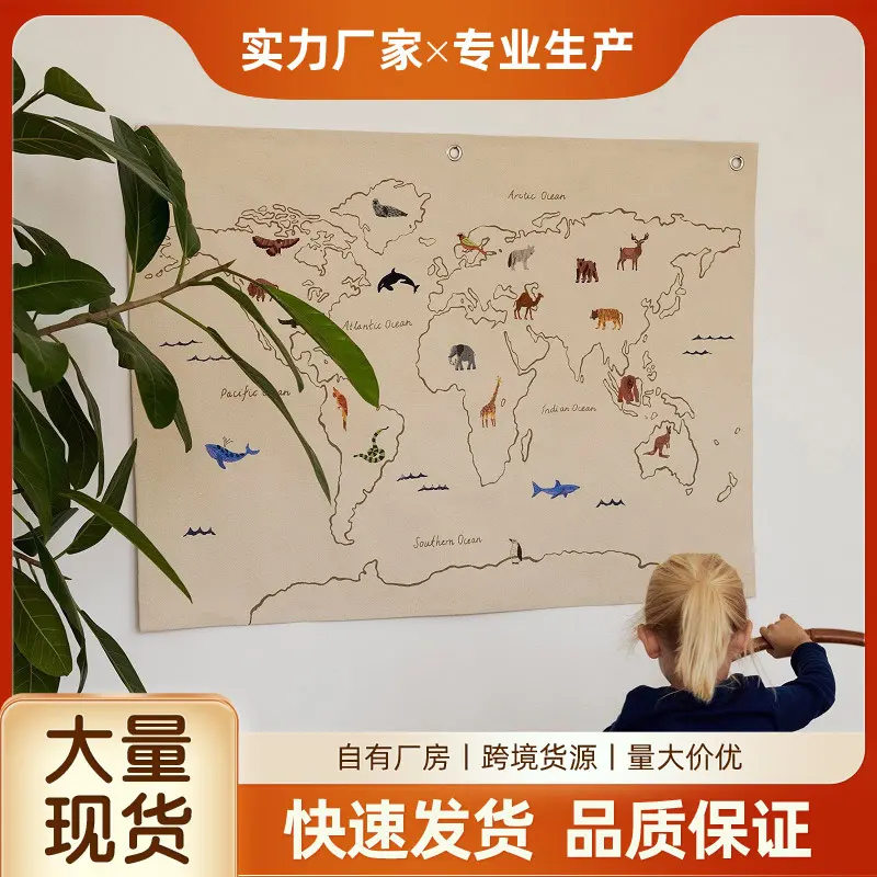 INS北欧布艺画挂毯挂画墙面装饰儿童房 动物刺绣帆布壁挂摄影道具图片