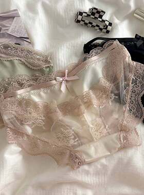 暧昧因子*原创甜美纯欲缎面镂空透明三角裤黑色蕾丝边内裤女低腰