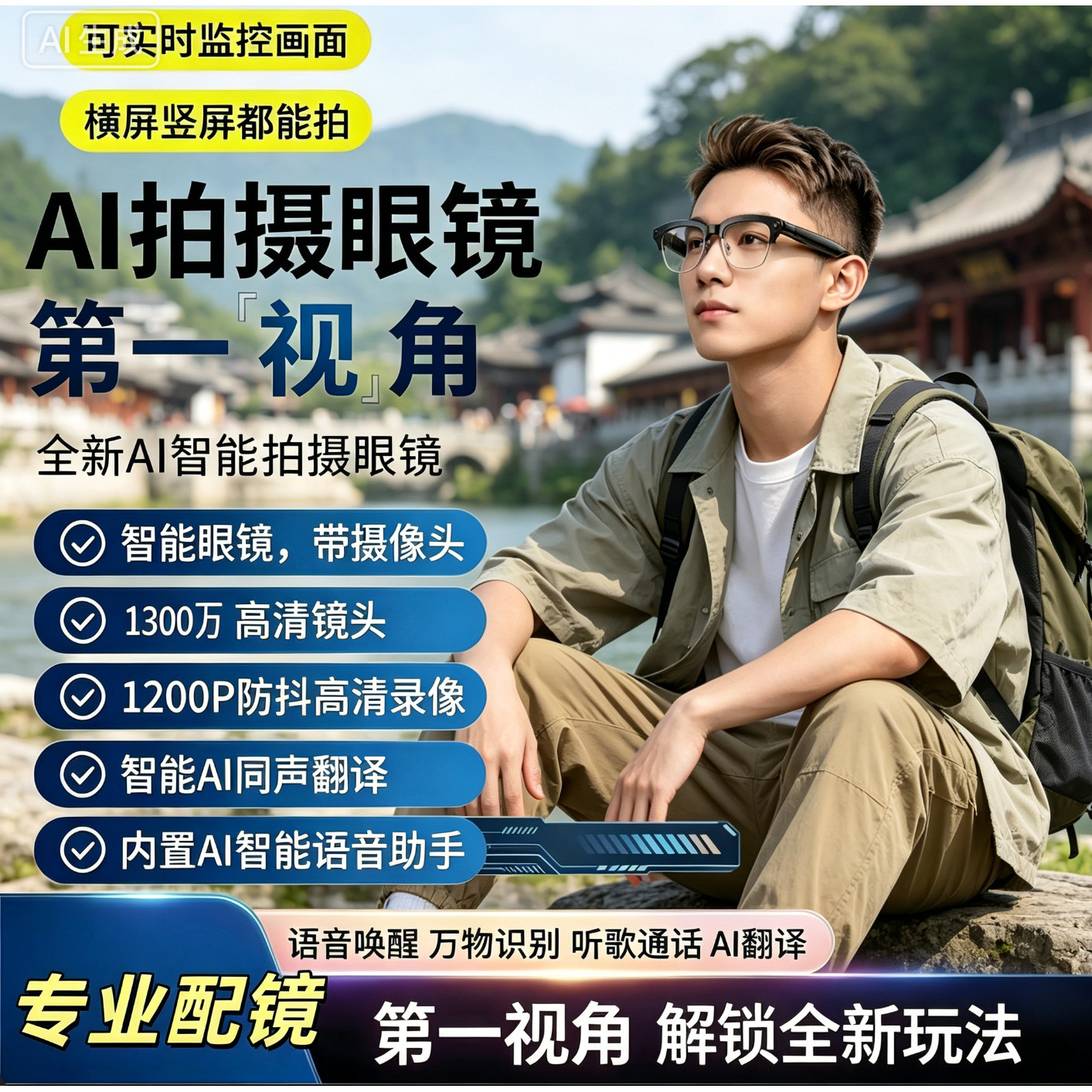 全新上市AI智能眼镜翻译4K高清