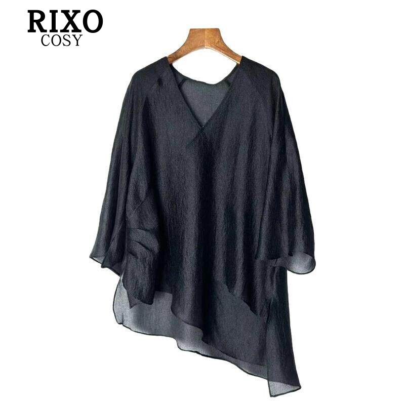 RIXO COSY新中式国风V领衬衫女长袖2026夏季新款褶皱不规则上衣潮