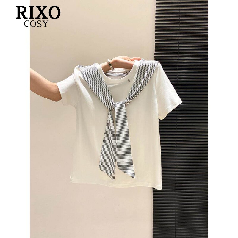 RIXO COSY带披肩白色短袖T恤夏季修身纯棉绝美穿搭气质独特上衣潮