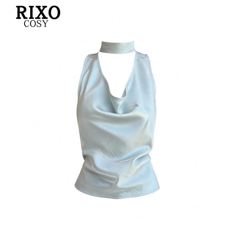 RIXO COSY美式复古挂脖缎面背心女春夏性感露背收腰显瘦无袖上衣