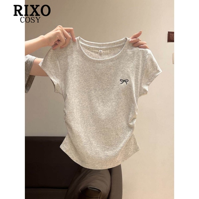 RIXO COSY灰色刺绣褶皱显瘦圆领短袖正肩女t恤夏季蝴蝶结修身上衣