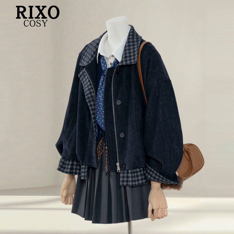 RIXO COSY设计感翻领假两件短款外套女小个子秋韩系百搭夹克上衣