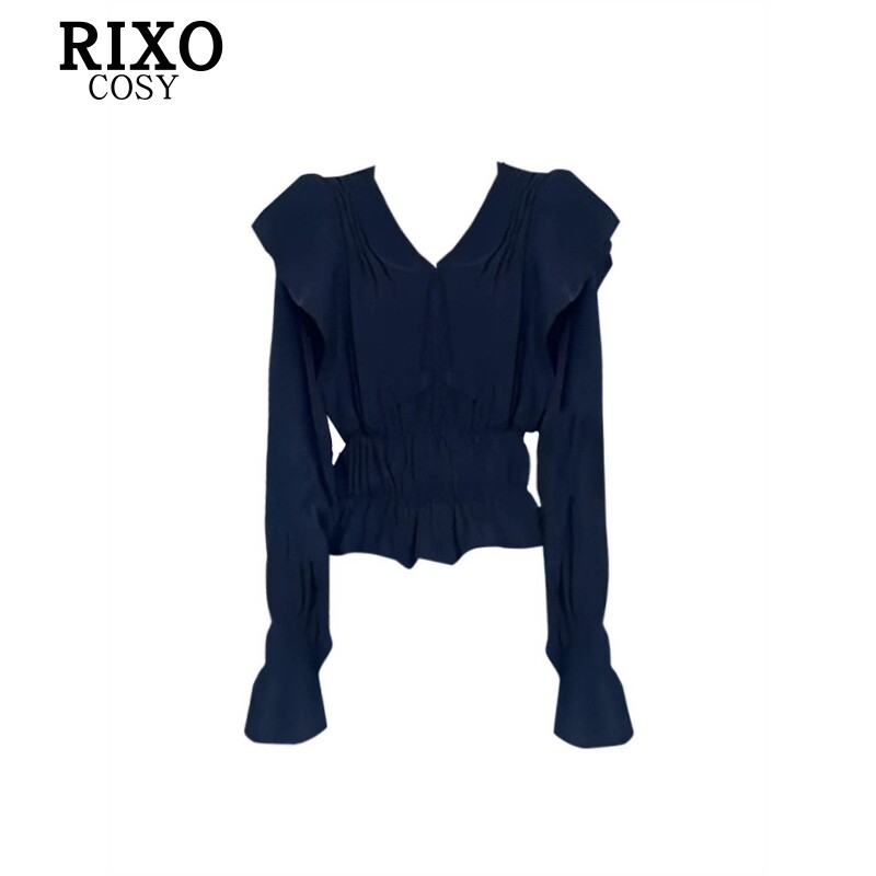 RIXO COSY法式V领褶皱荷叶边收腰长袖衬衫女秋季高级感显瘦衬衣潮