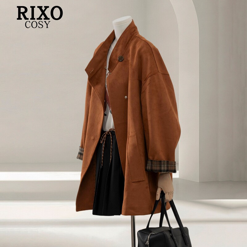 RIXO COSY复古通勤风立领鹿皮绒风衣外套女中长款宽松气质大衣秋