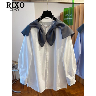 RIXO COSY韩版宽松蝴蝶结海军领长袖衬衫女时尚洋气百搭减龄衬衣