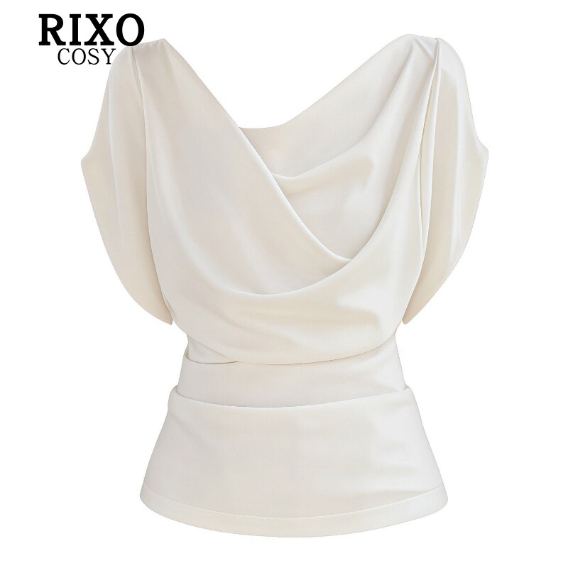 RIXO COSY法式优雅风荡领蝙蝠袖褶皱上衣女夏百搭设计感显瘦内搭