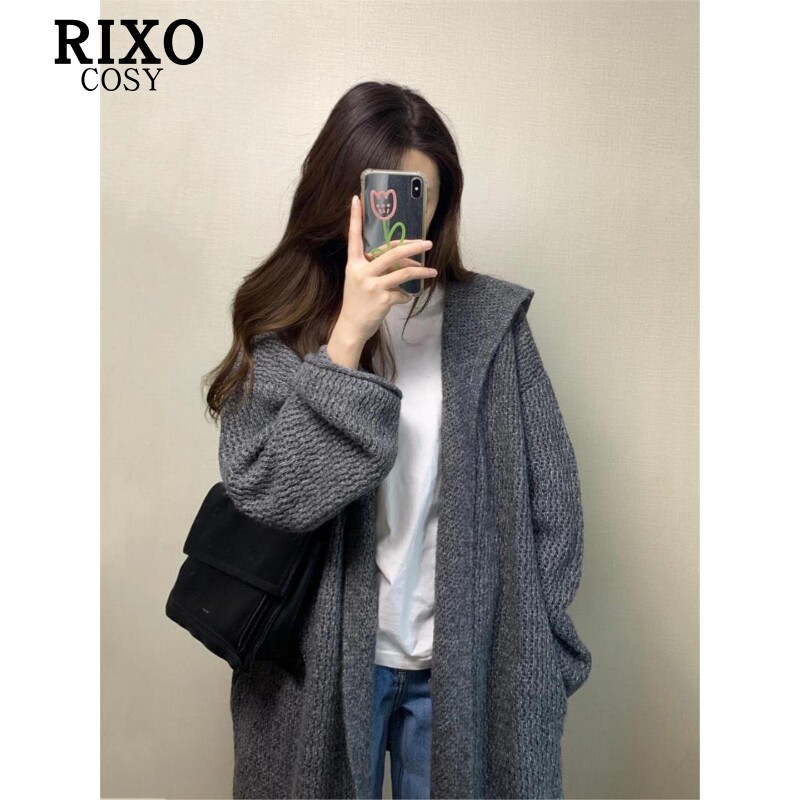 RIXO COSY灰色中长款连帽毛衣外套女早秋韩系气质松弛感针织开衫