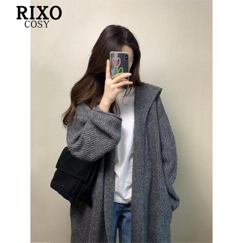RIXO COSY灰色中长款连帽毛衣外套女早秋韩系气质松弛感针织开衫