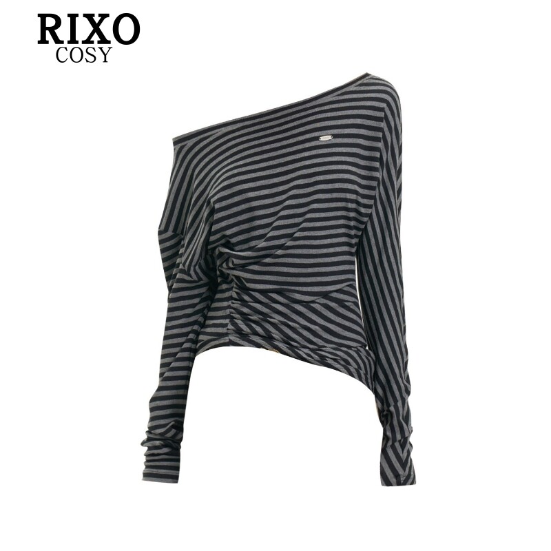 RIXO COSY时髦复古斜肩条纹长袖T恤女秋季设计感修身露肩上衣ins