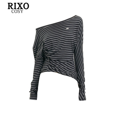 RIXO COSY时髦复古斜肩条纹长袖T恤女秋季设计感修身露肩上衣ins