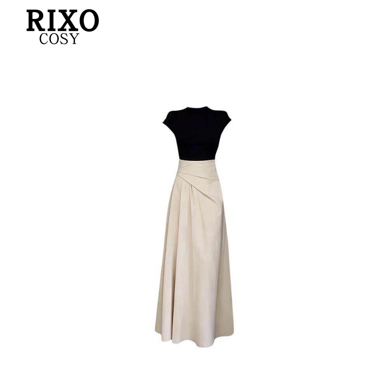 RIXO COSY韩系高级感黑色半高领短袖上衣不规则高腰A字半身裙套装