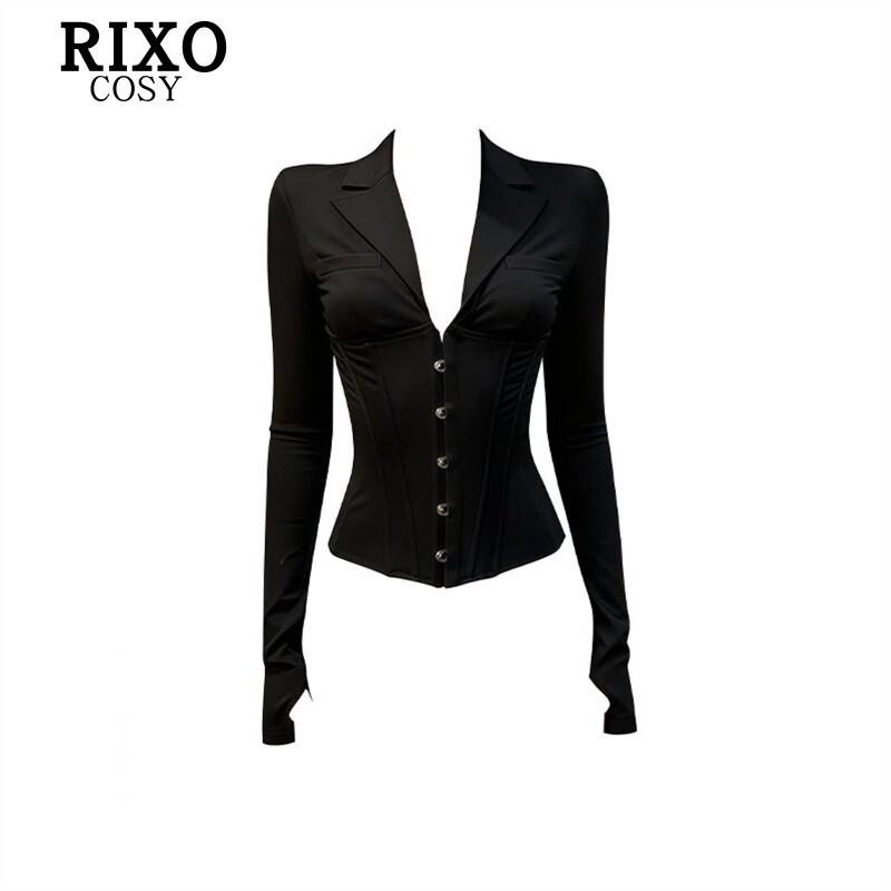 RIXO COSY辣妹设计感黑色深V领排扣鱼骨上衣女秋季修身收腰上衣潮