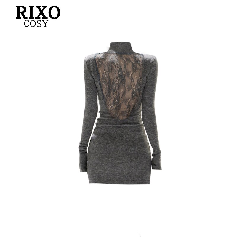 RIXO COSY性感辣妹蕾丝拼接连衣裙女秋季新款高领修身包臀打底裙