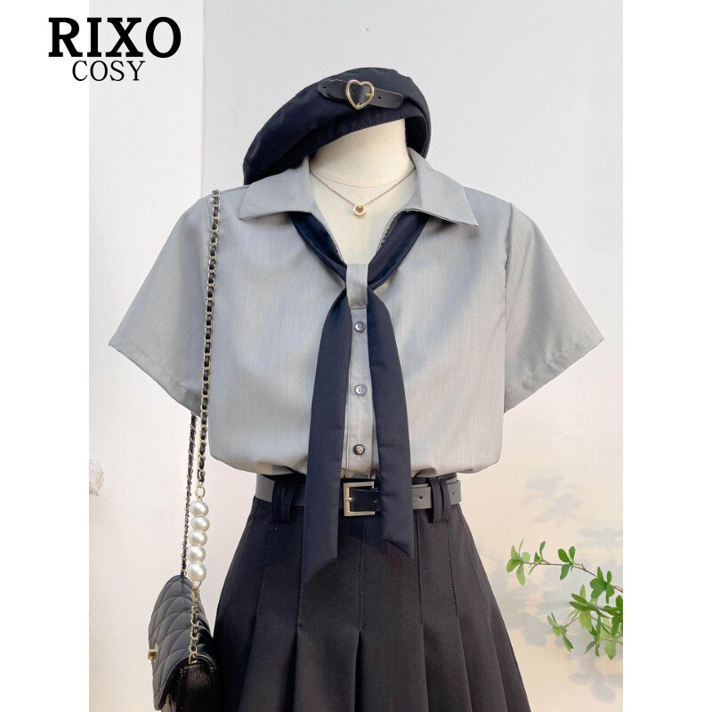 RIXO COSY灰色v领系带短袖衬衫女夏学院风领带设计感通勤显瘦上衣