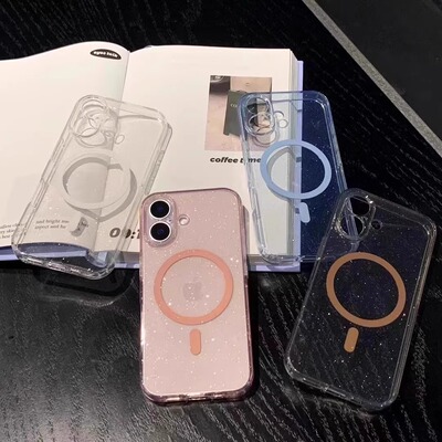 透明闪粉无线磁吸爆款适用iPhone16promax手机壳15/14PM苹果15plus全包13promax新款防摔高级感简约ins风小众