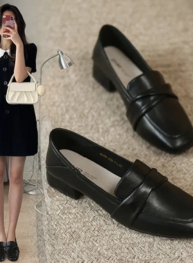 粗跟单鞋女2023年夏季新款英伦风小皮鞋方头休闲一脚蹬乐福鞋