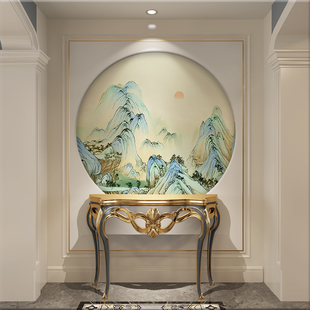 新中式圆形玄关背景墙壁纸壁画千里江山图山水画装饰画画芯3d禅意