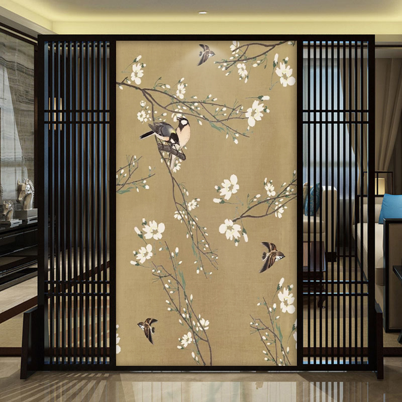 油画新中式复古风花鸟玄关装饰宋代美学客厅餐厅墙纸壁纸墙布壁画图片