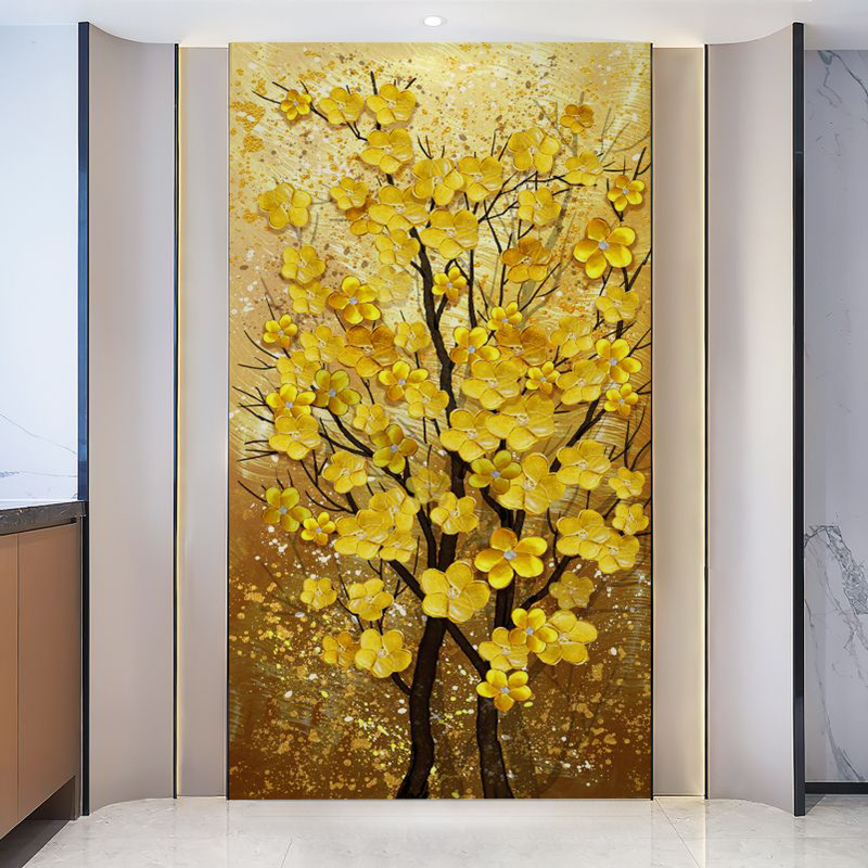 黄金树 入户玄关装饰画美式轻奢客厅走廊尽头壁画墙纸大气金钱树图片