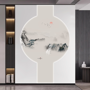 新中式迎客松墙纸圆形墙布壁画玄关壁纸画芯茶室走廊尽头山水花鸟