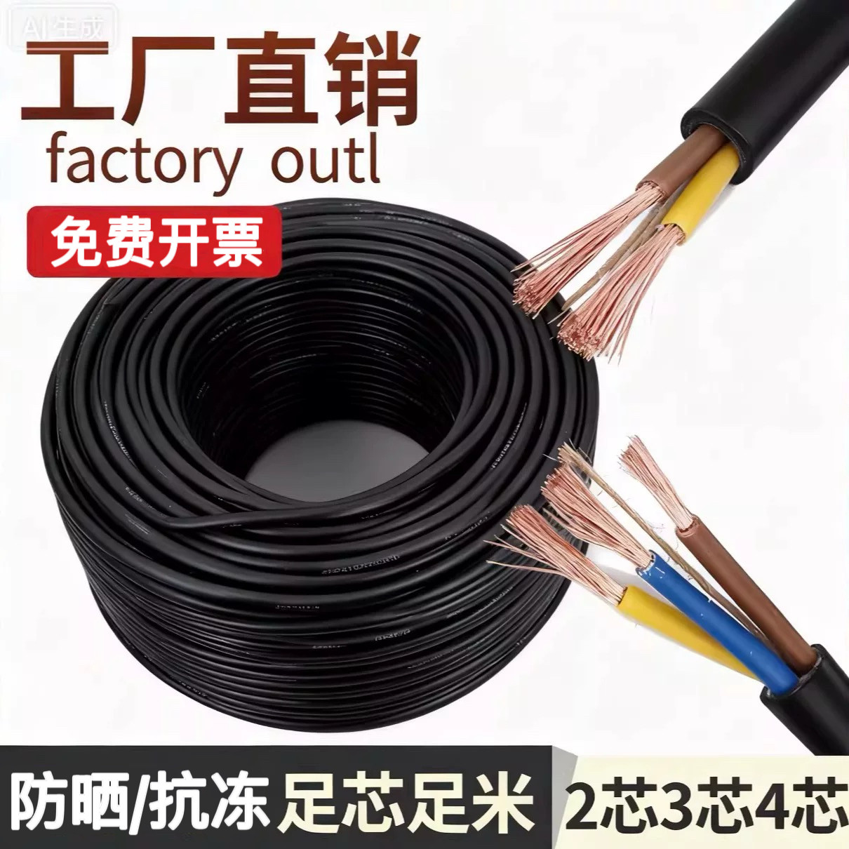珠江国标软电缆防冻234芯1/1.5/2.5/4/6电源线家用延长护套线,电子/电工,护套线,淘宝优惠券,粉丝福利购,淘宝优惠卷