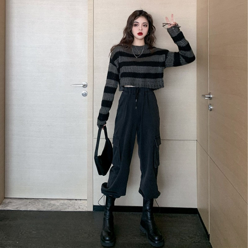 酷女孩微胖mm条纹裤子两件套装