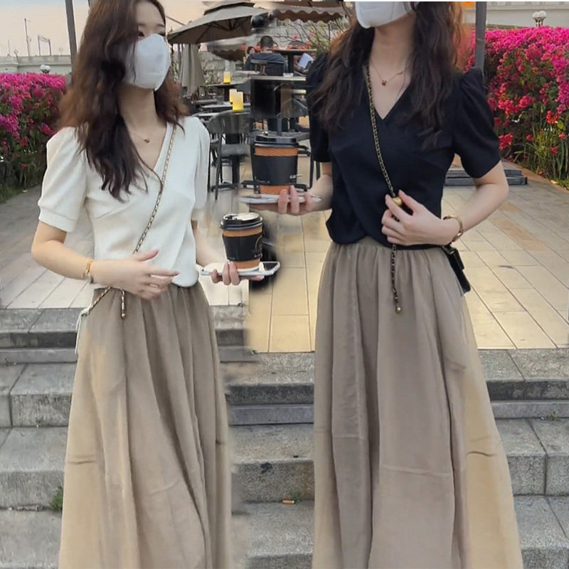 甜美奶系穿搭设计感时尚短袖t恤短款上衣两件套装轻奢网纱半身裙