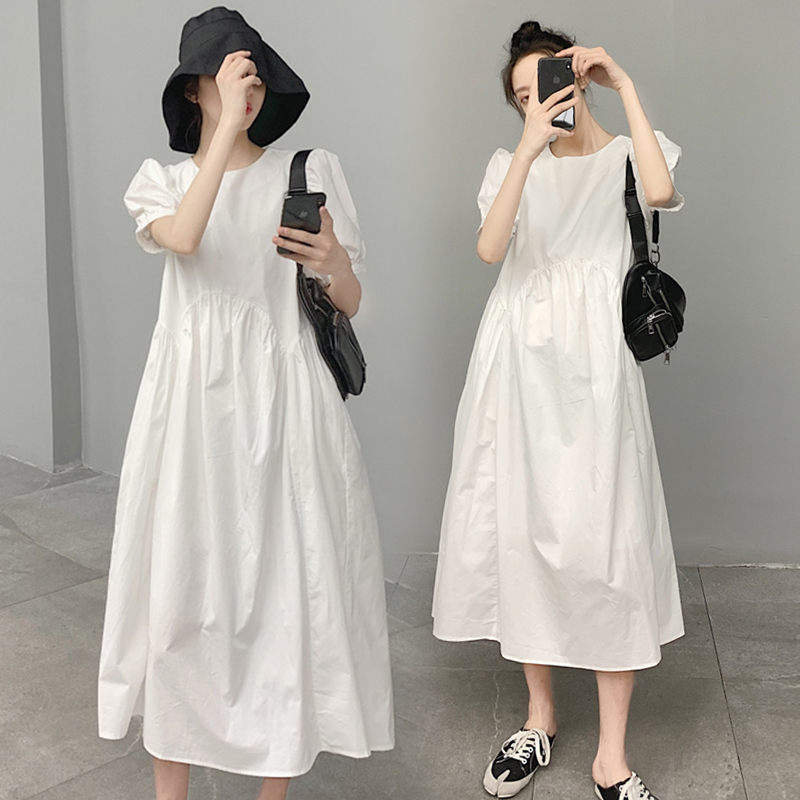 泡泡袖白色宽松遮肚甜美风裙子